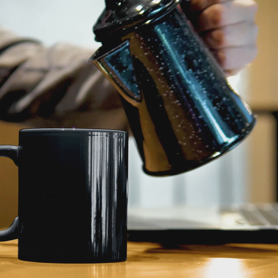 Video showing a hot beverage being poured into a magic mug which changes colour from black to white, whilst revealing a subliminal motivational message "I Can & I Will"